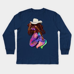 Cow girl Mermaid with flowing red locs and Country Cow boy hat Afro hair and brown skin. Black mermaid Kids Long Sleeve T-Shirt